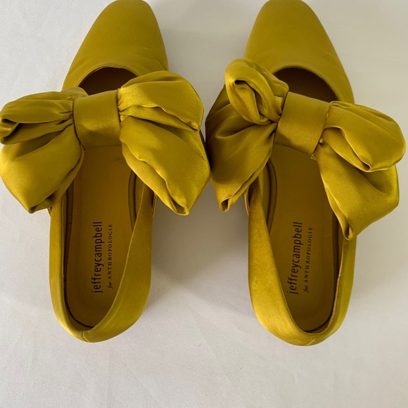 Jeffrey Campbell Anthropologie Flats 7.5 Yellow Satin Oversized Big Bow Coquette - Picture 4 of 12